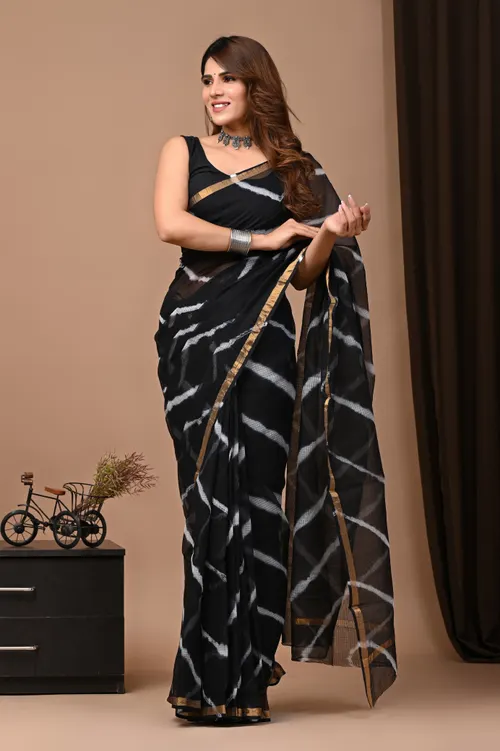 Handcrafted Bagru Print Black Colour Kota Sarees